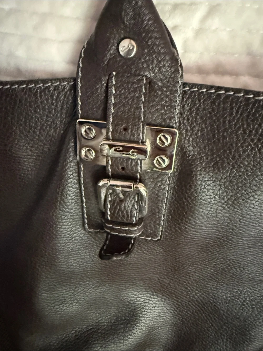 Classic Dark Brown Leather Tote Bag with Silver Hardware